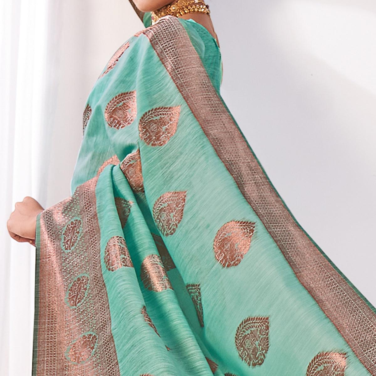 Turquoise Woven Banarasi Style Linen Saree - Peachmode