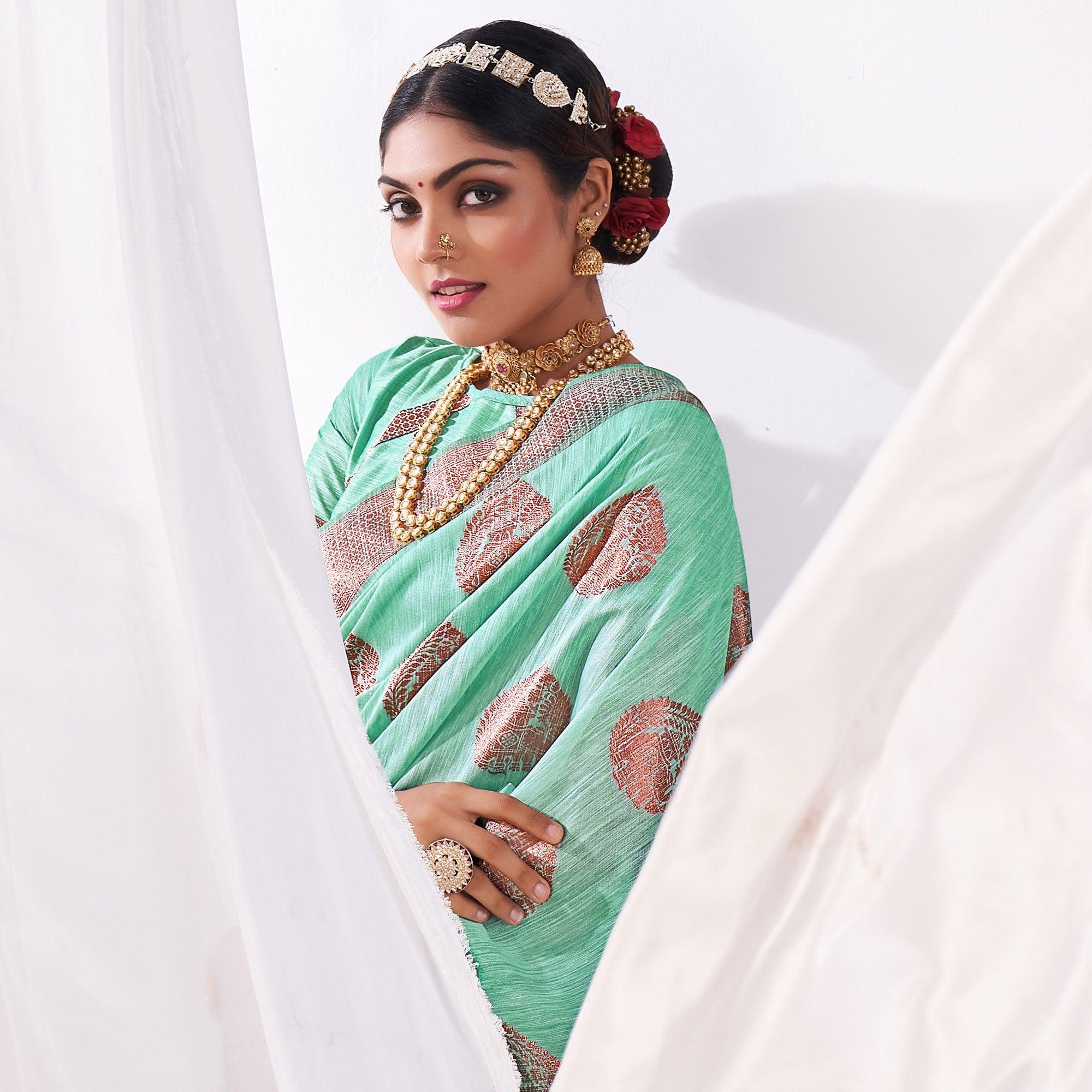 Turquoise Woven Banarasi Style Linen Saree - Peachmode
