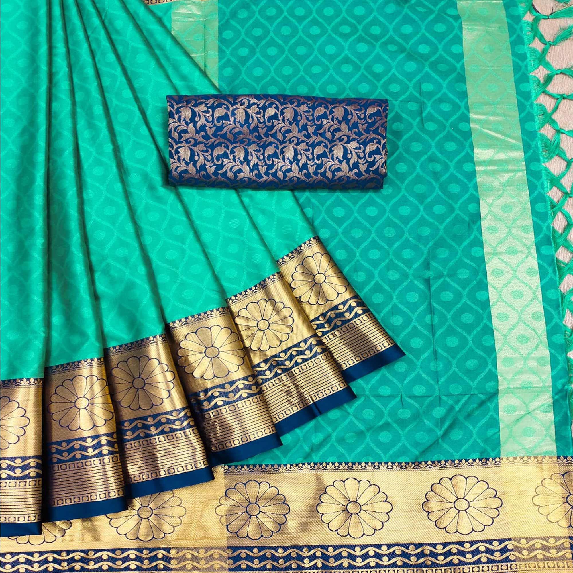 Turquoise Woven Cotton Silk Saree - Peachmode