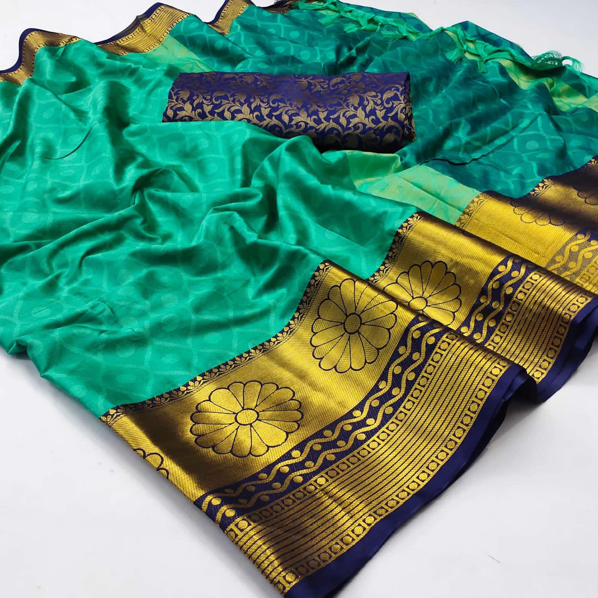 Turquoise Woven Cotton Silk Saree - Peachmode