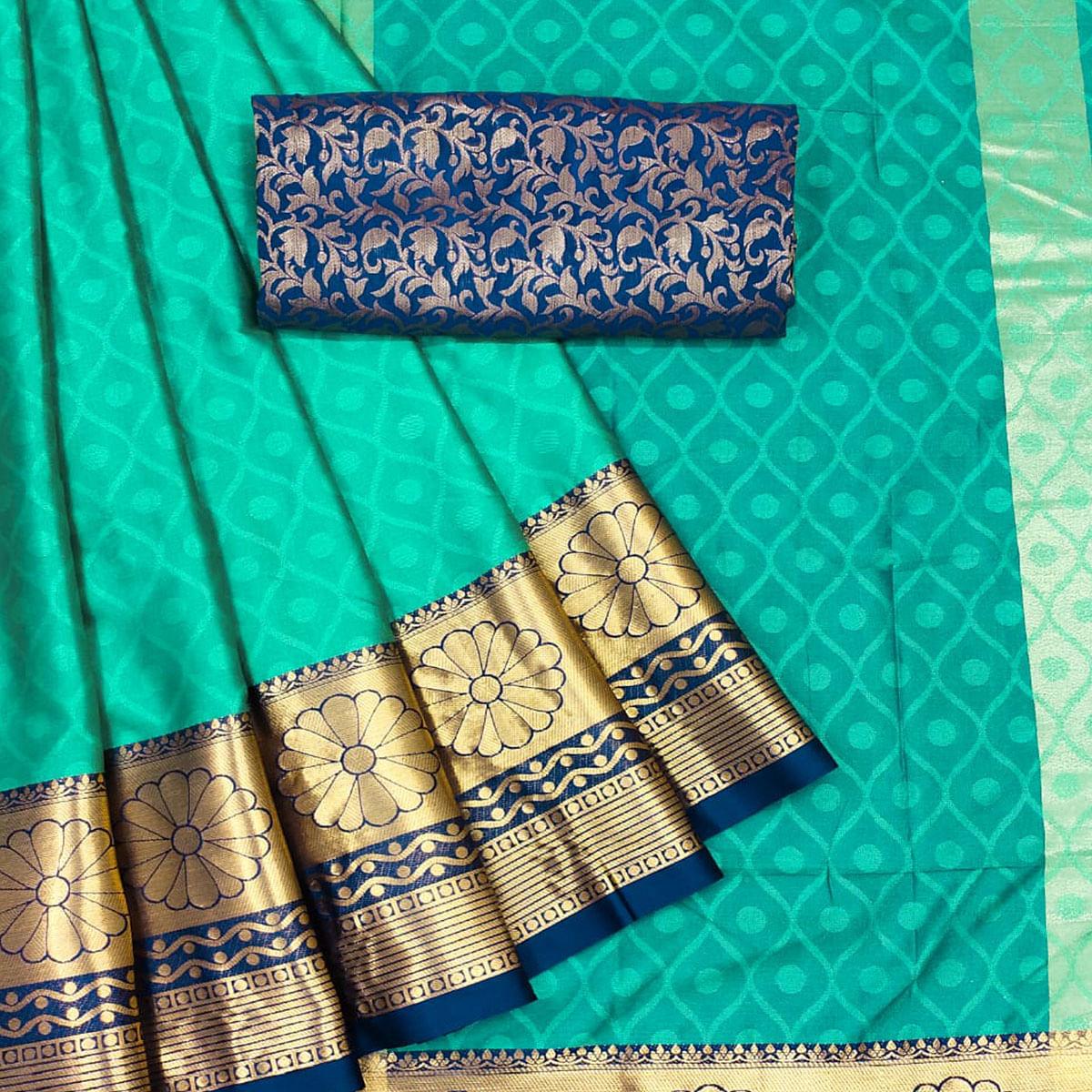 Turquoise Woven Cotton Silk Saree - Peachmode