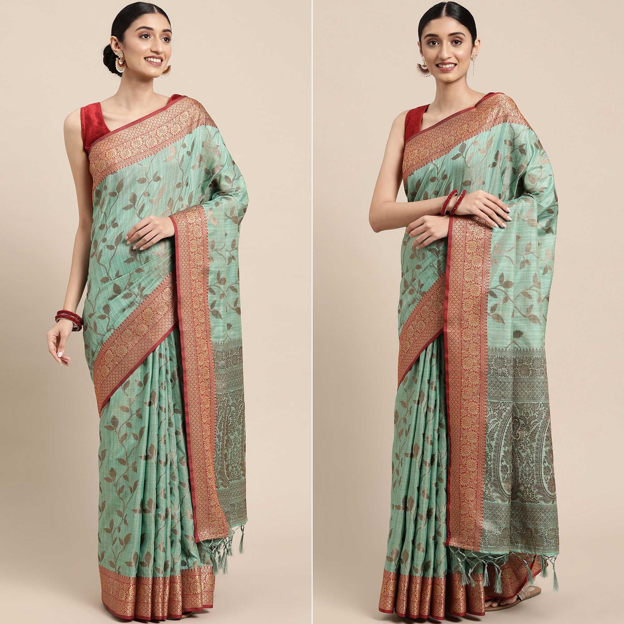 Turquoise Woven Cotton Silk Saree With Tassels - Peachmode