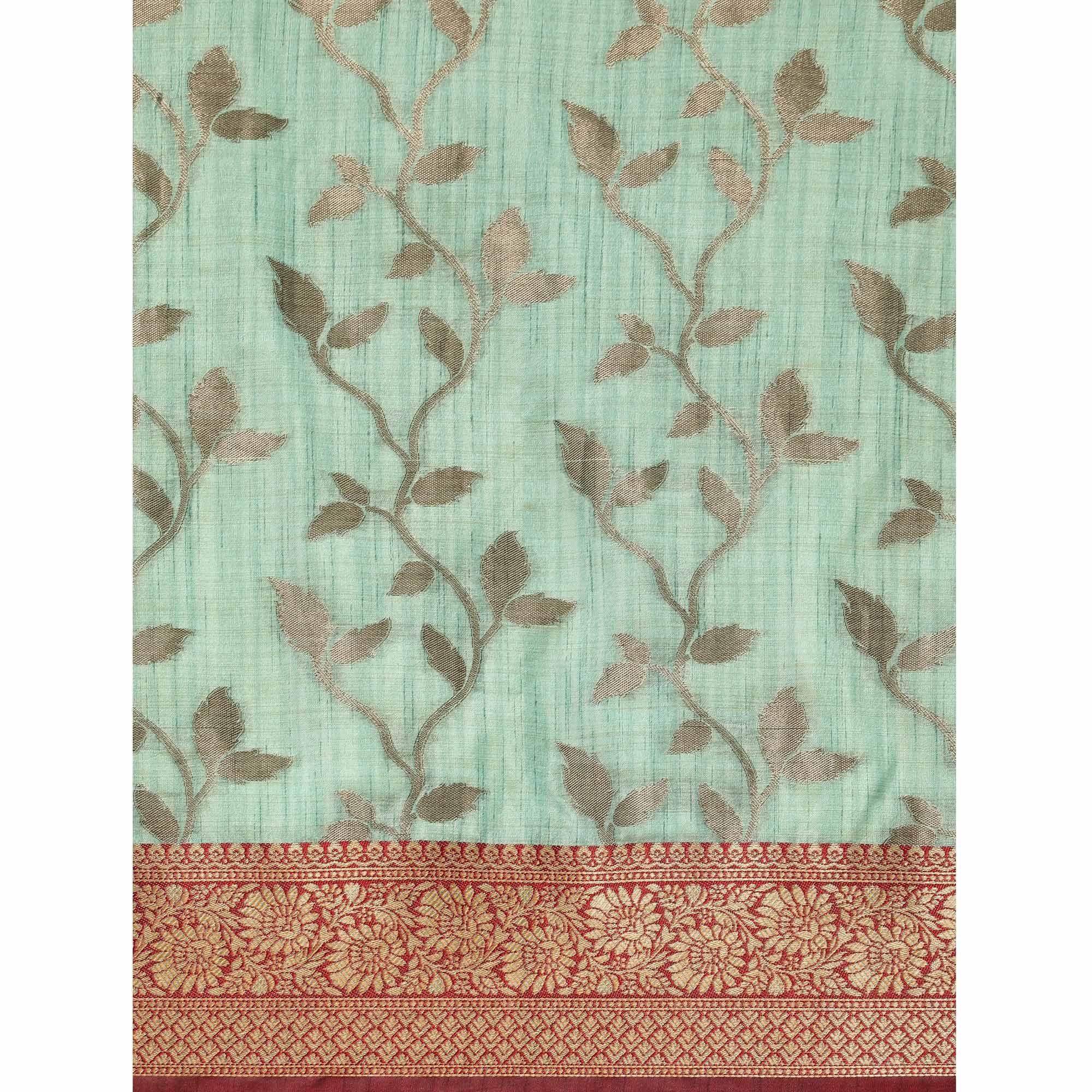 Turquoise Woven Cotton Silk Saree With Tassels - Peachmode