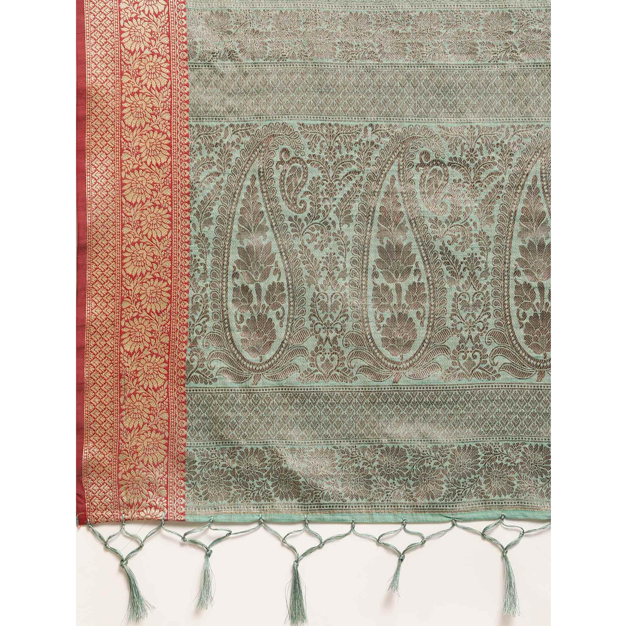 Turquoise Woven Cotton Silk Saree With Tassels - Peachmode