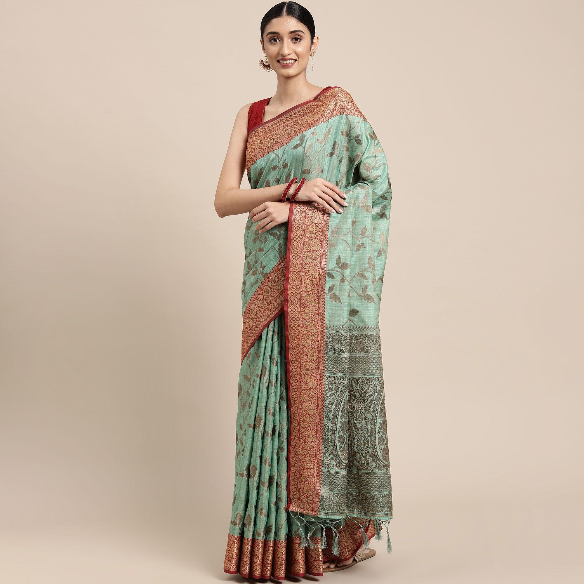 Turquoise Woven Cotton Silk Saree With Tassels - Peachmode