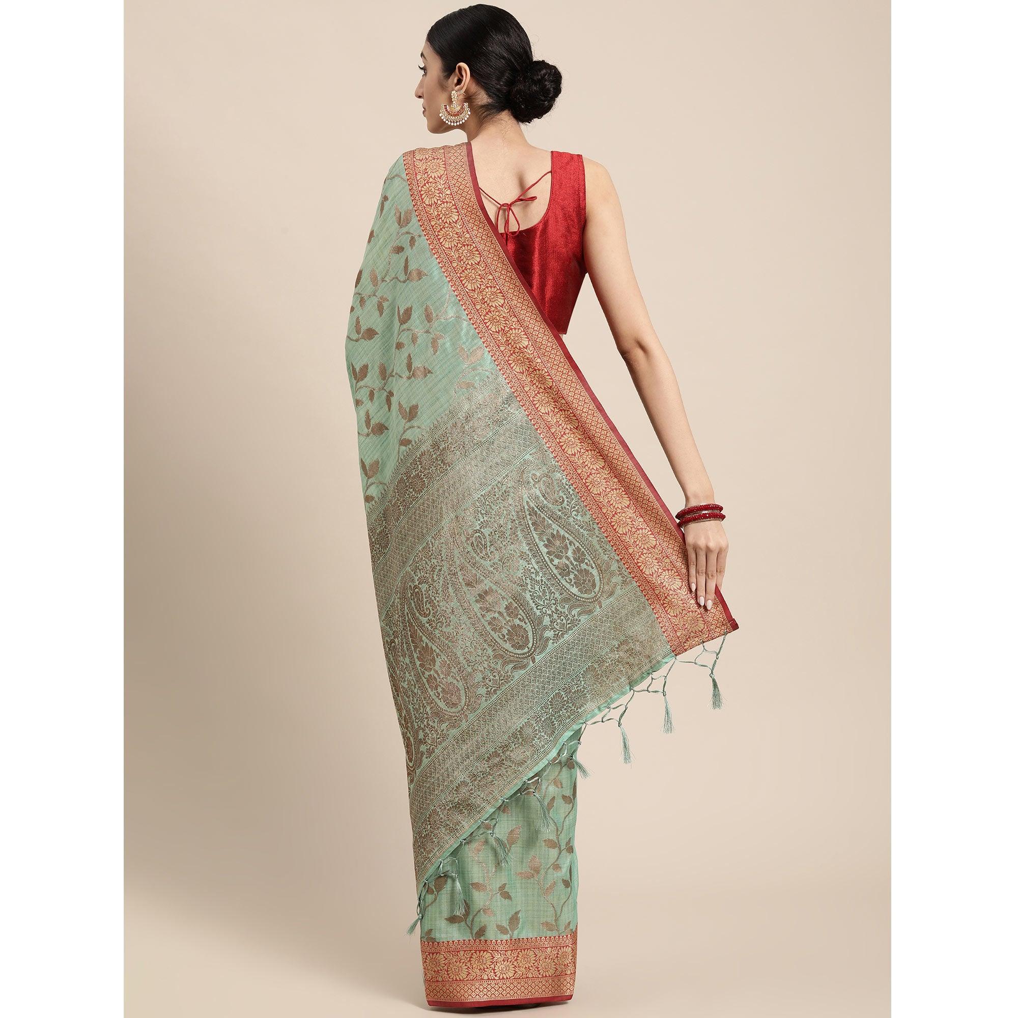 Turquoise Woven Cotton Silk Saree With Tassels - Peachmode