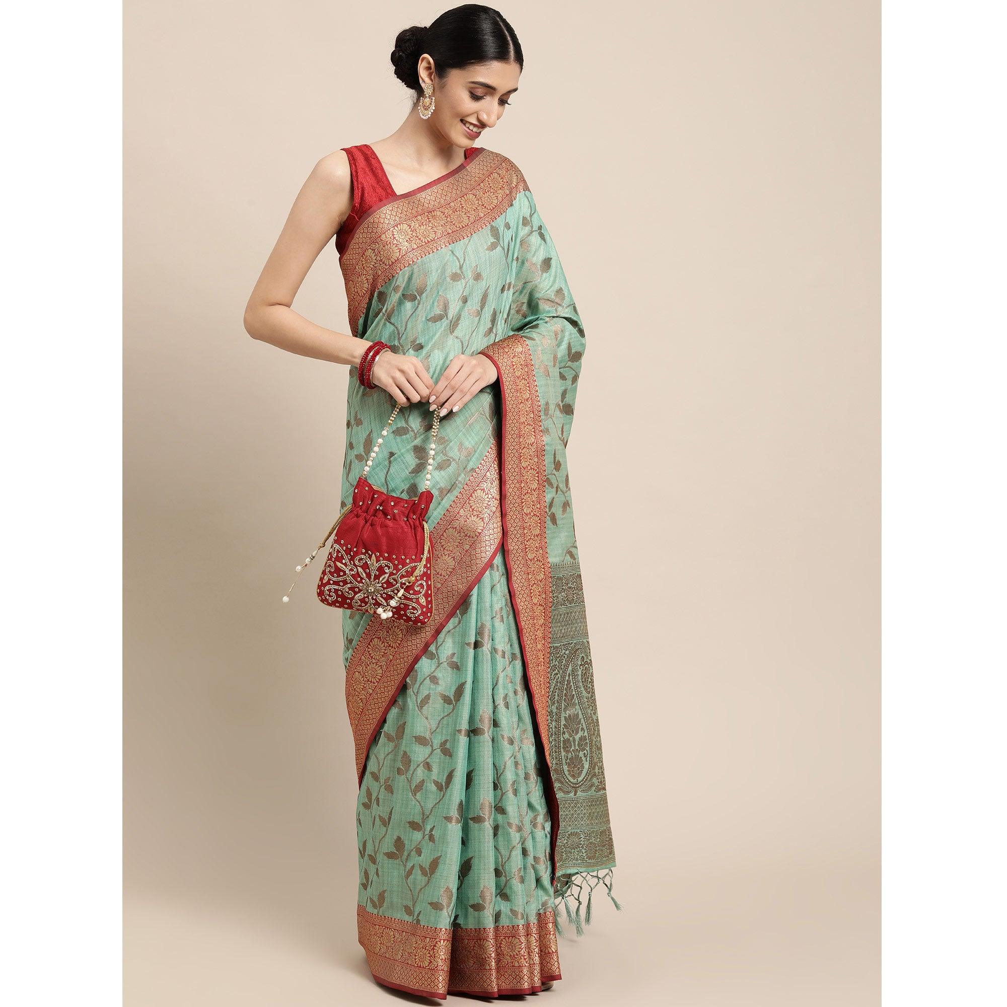 Turquoise Woven Cotton Silk Saree With Tassels - Peachmode