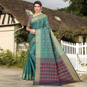 Turquoise Woven Jacquard Saree - Peachmode
