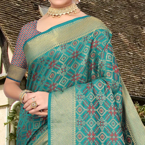 Turquoise Woven Jacquard Saree - Peachmode