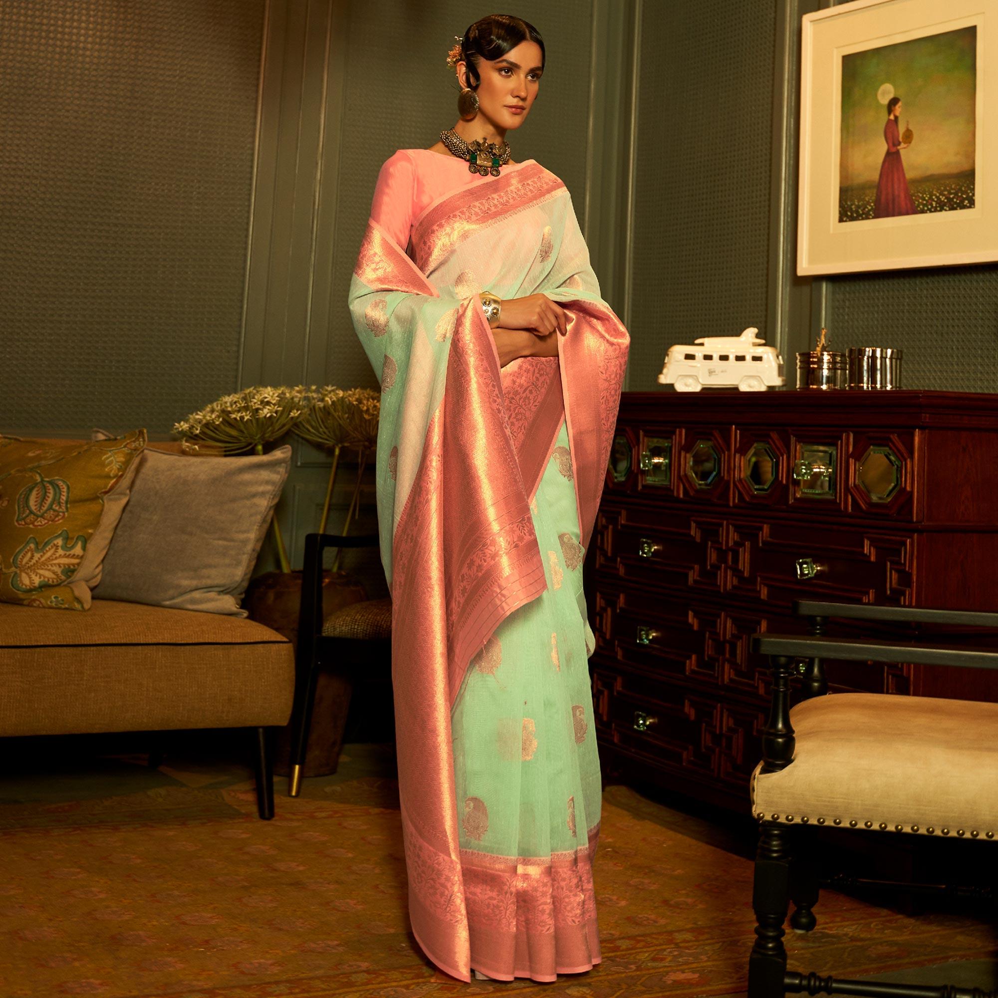 Turquoise Woven Linen Saree - Peachmode