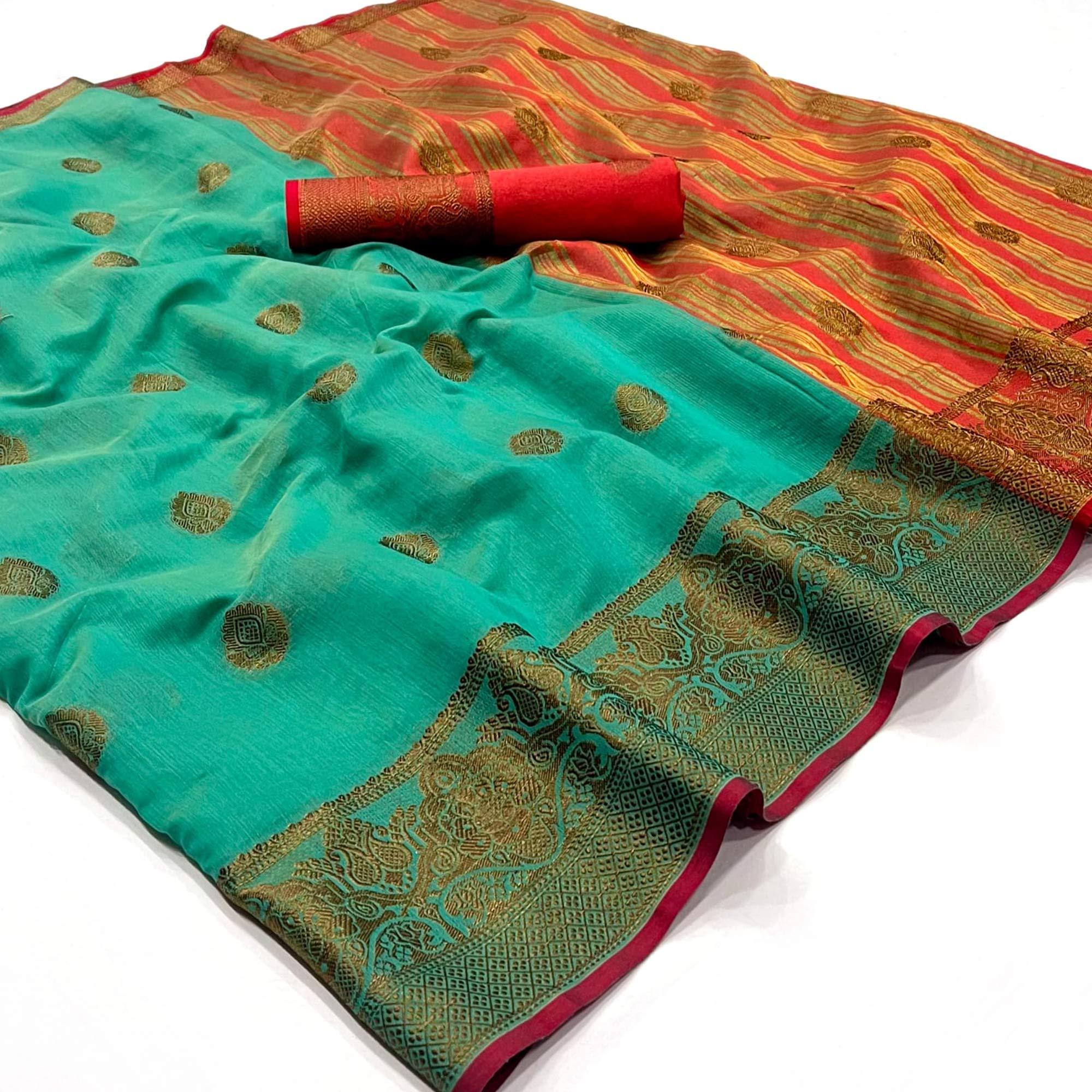 Turquoise Woven Linen Saree - Peachmode