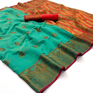 Turquoise Woven Linen Saree - Peachmode