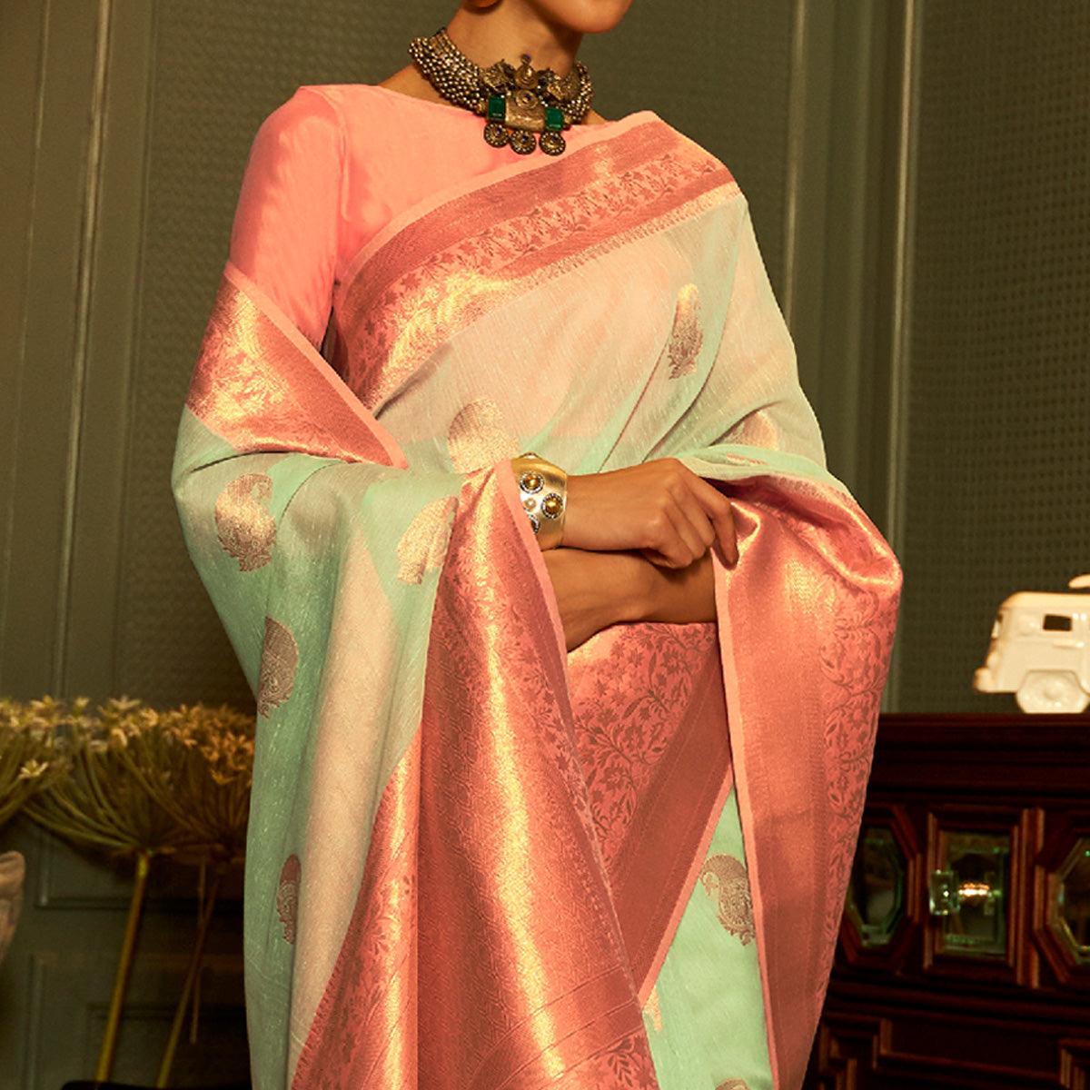 Turquoise Woven Linen Saree - Peachmode