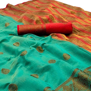 Turquoise Woven Linen Saree - Peachmode