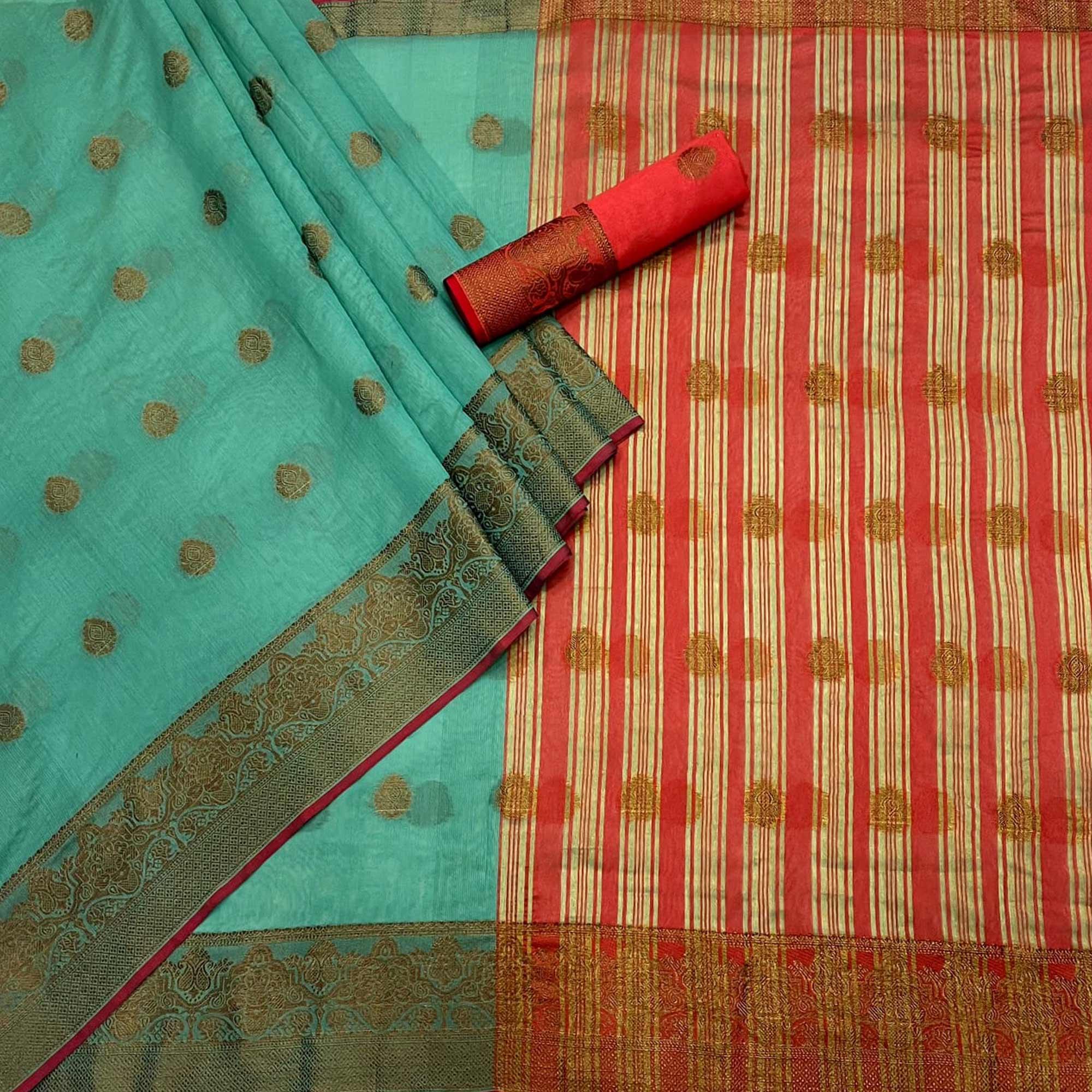 Turquoise Woven Linen Saree - Peachmode