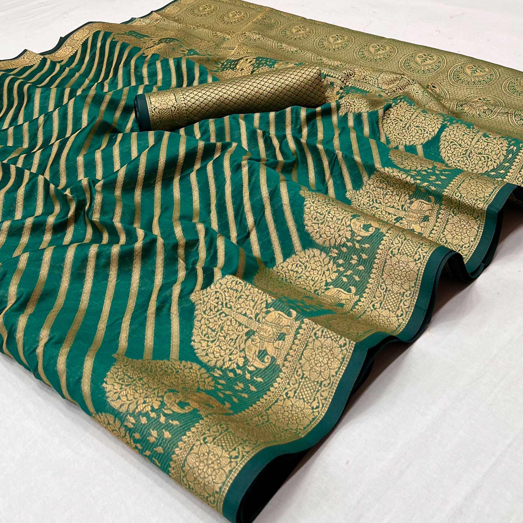 Turquoise Woven Organza Saree - Peachmode