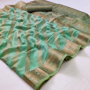 Turquoise Woven Organza Saree - Peachmode