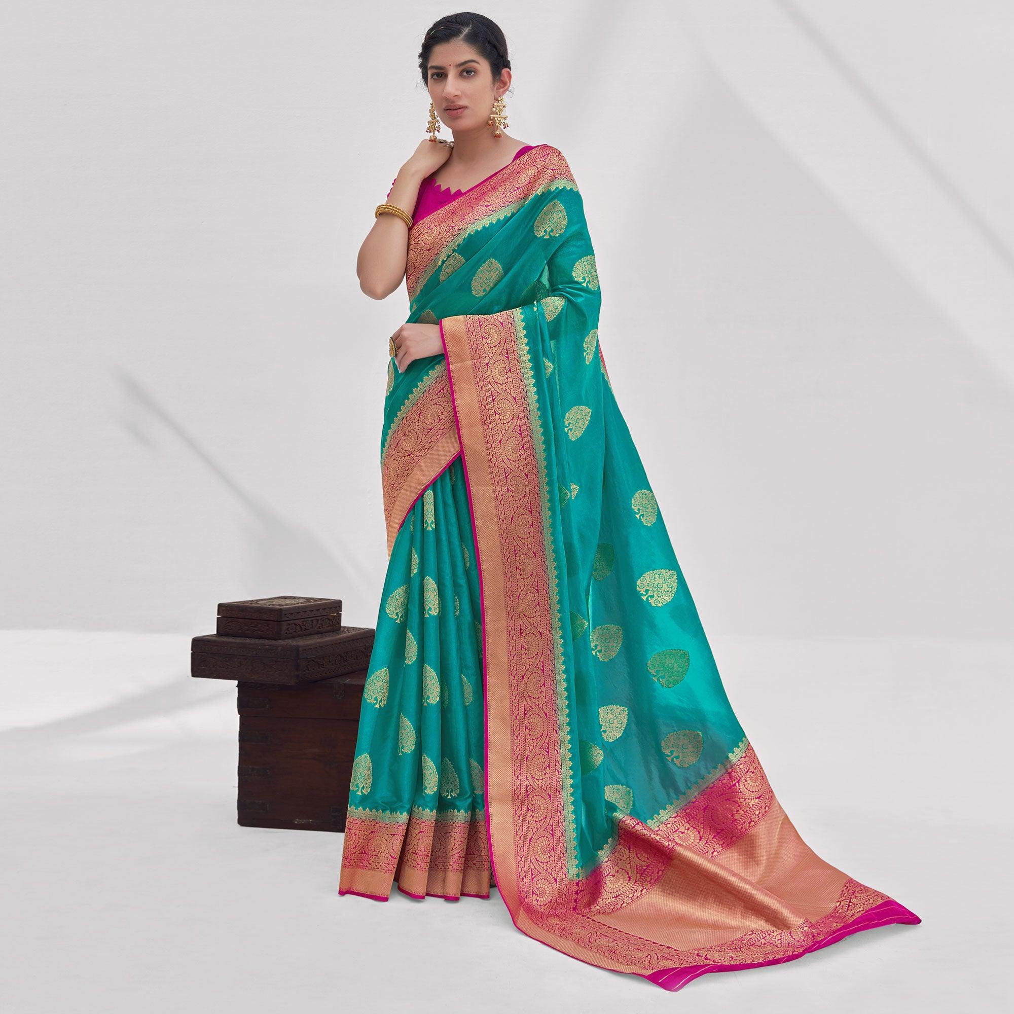 Turquoise Woven Organza Saree - Peachmode
