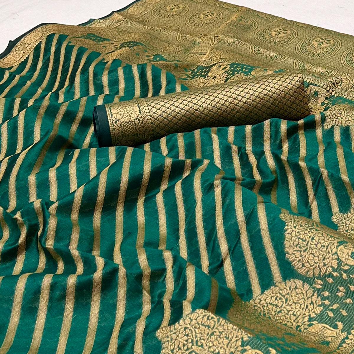Turquoise Woven Organza Saree - Peachmode
