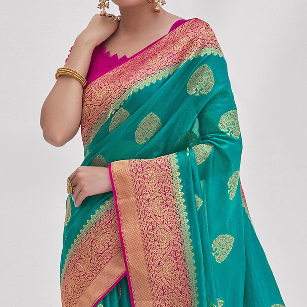 Turquoise Woven Organza Saree - Peachmode