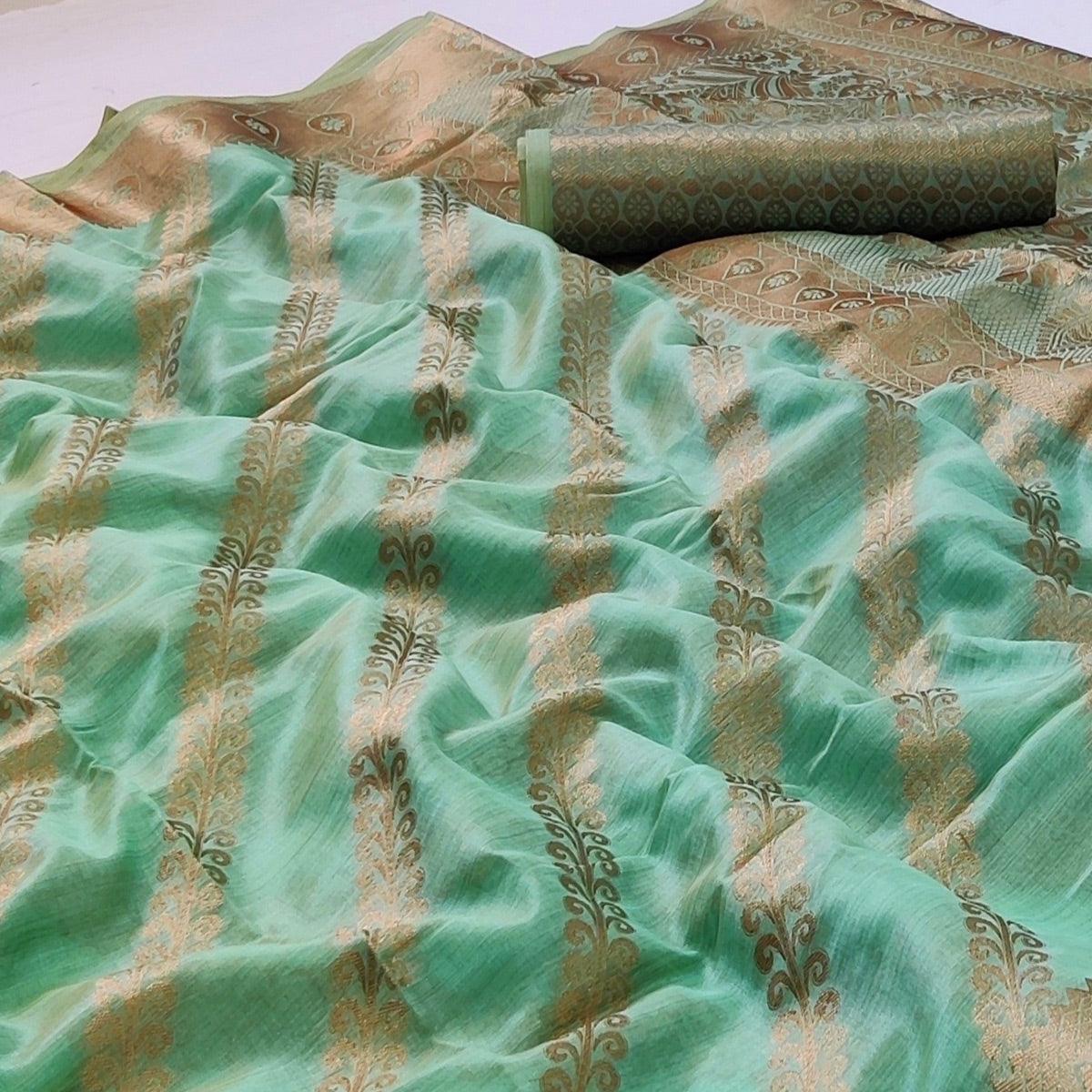 Turquoise Woven Organza Saree - Peachmode