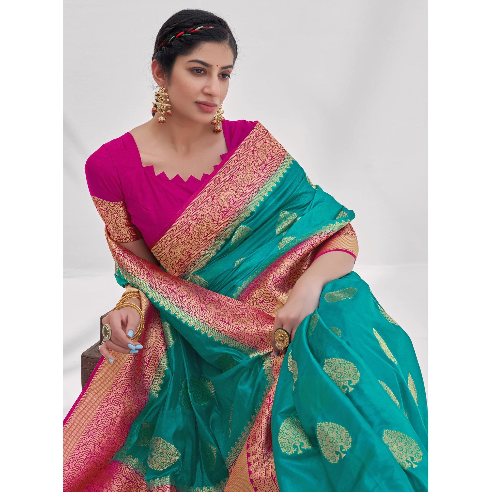 Turquoise Woven Organza Saree - Peachmode