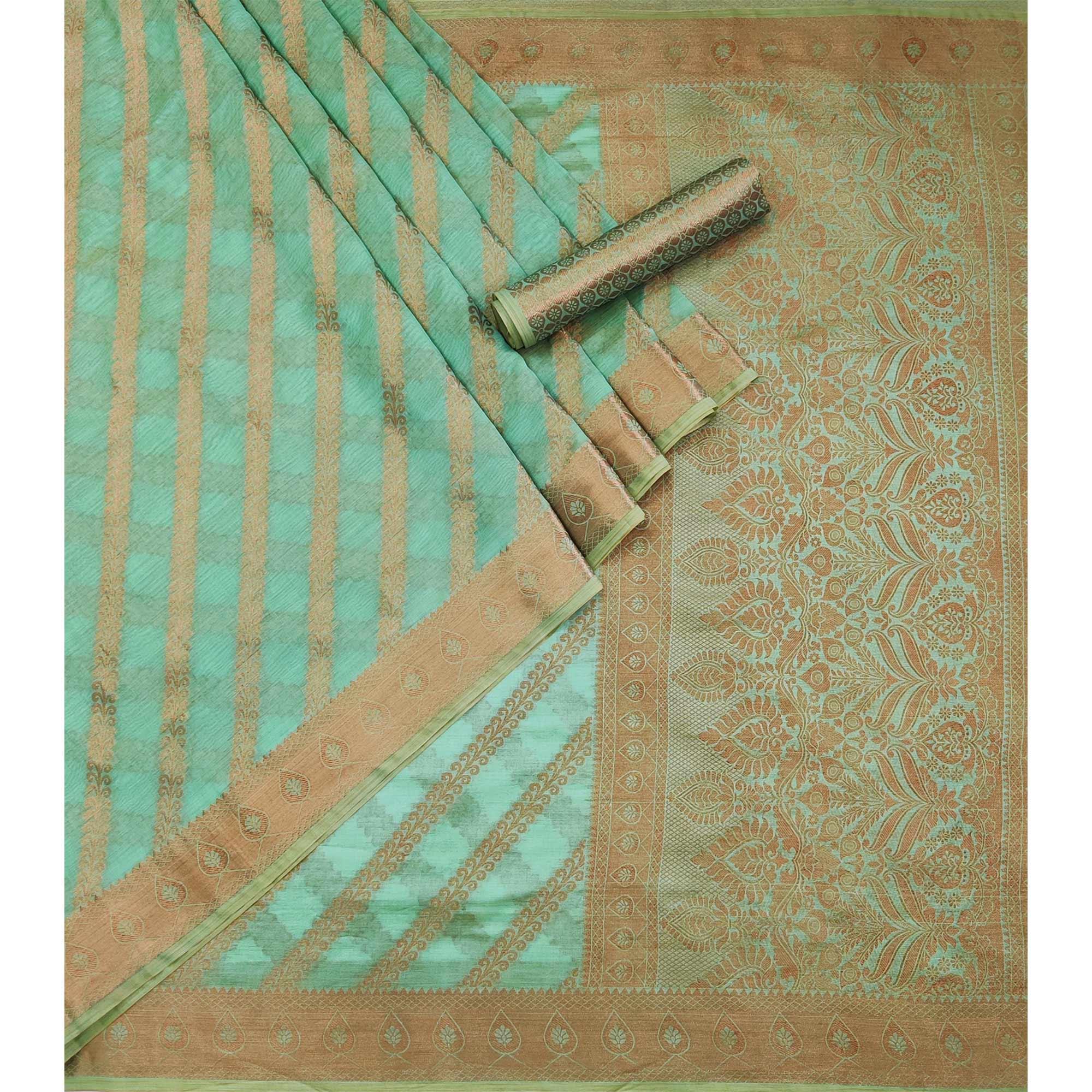Turquoise Woven Organza Saree - Peachmode