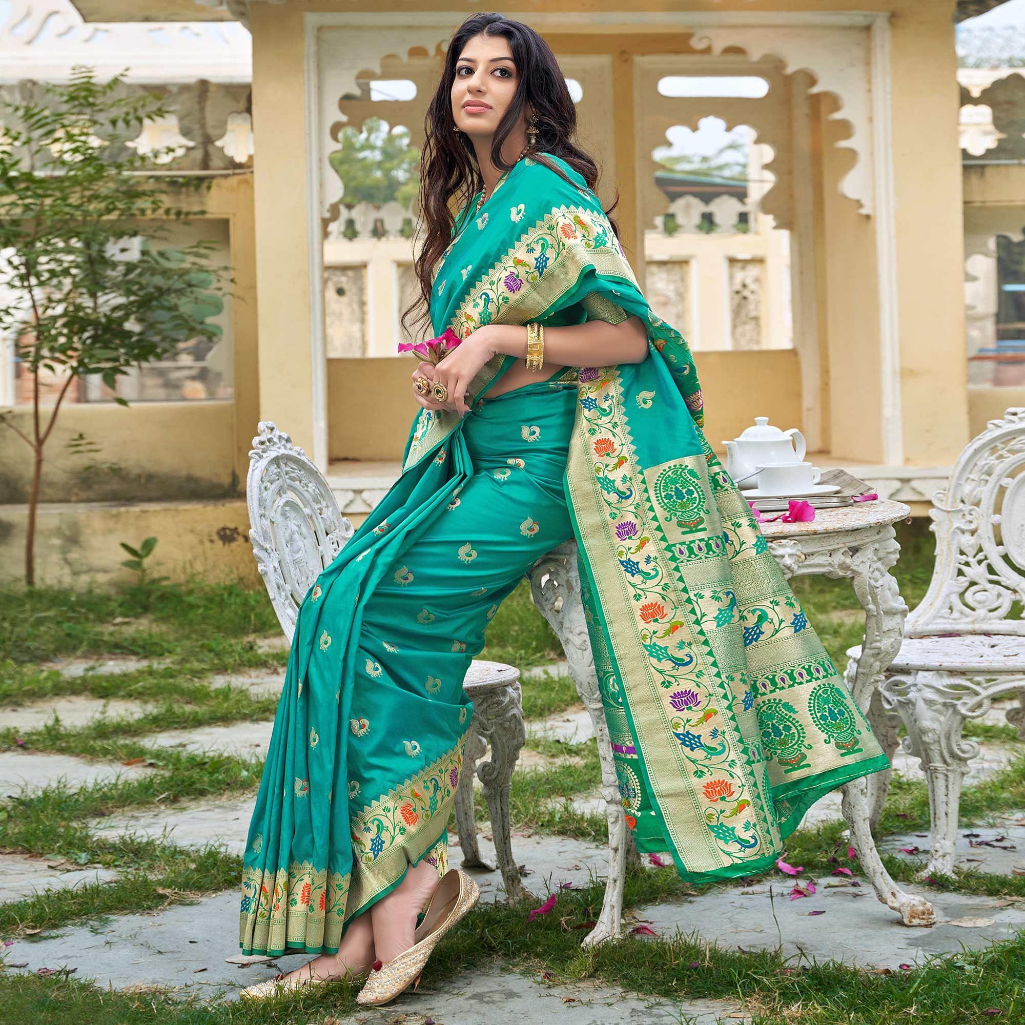 Turquoise Woven Paithani Saree - Peachmode