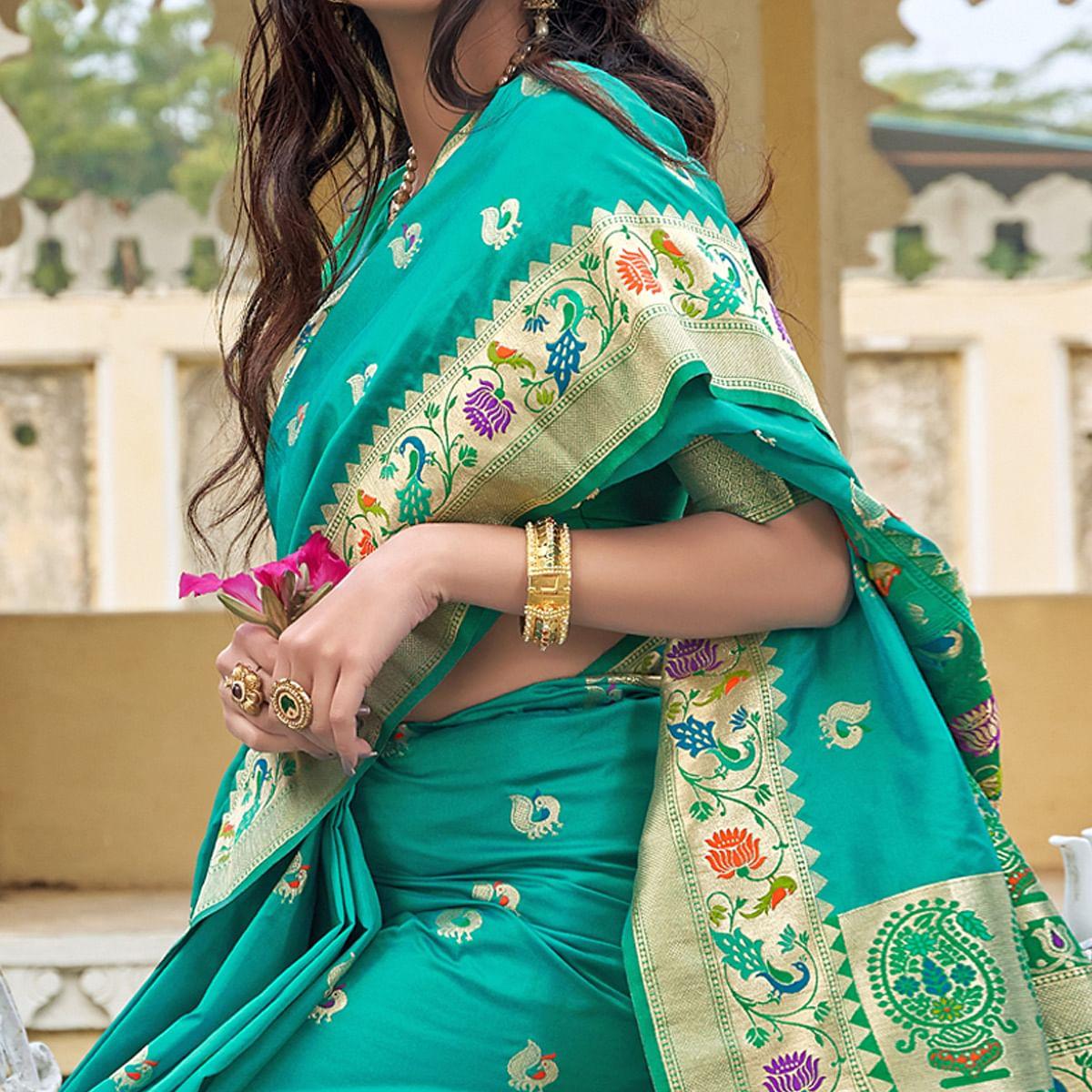 Turquoise Woven Paithani Saree - Peachmode