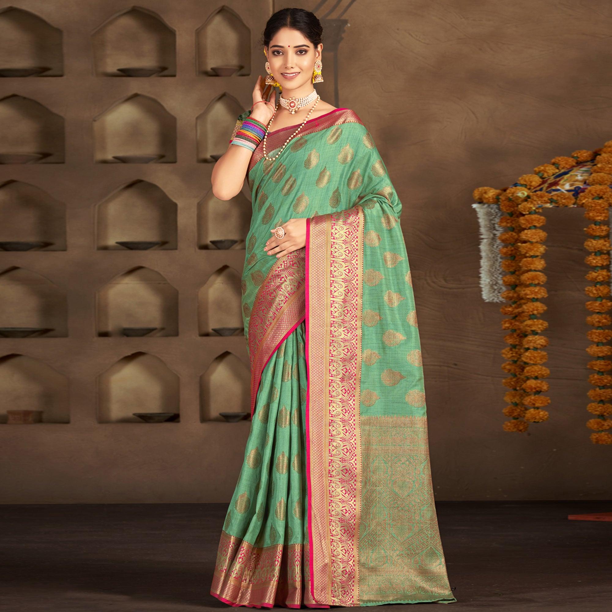 Turquoise Woven Poly Cotton Saree - Peachmode