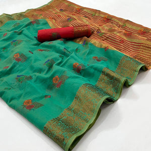 Turquoise Woven Poly Cotton Saree - Peachmode