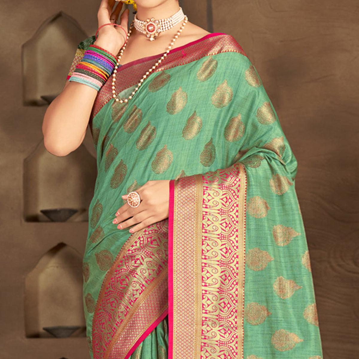 Turquoise Woven Poly Cotton Saree - Peachmode