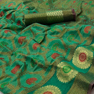 Turquoise Woven Poly Cotton Saree - Peachmode