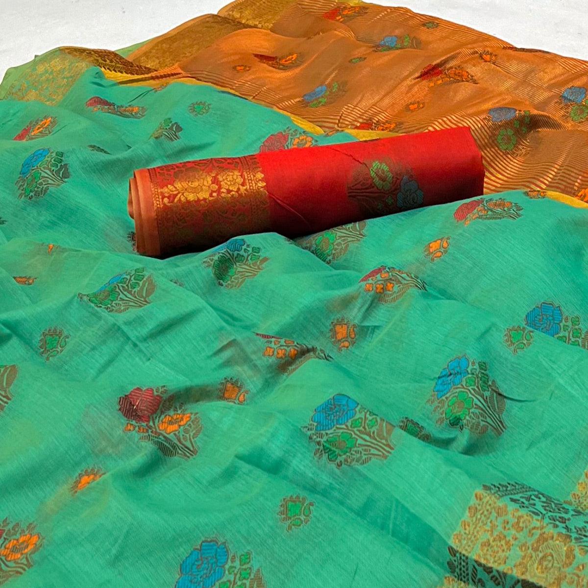 Turquoise Woven Poly Cotton Saree - Peachmode