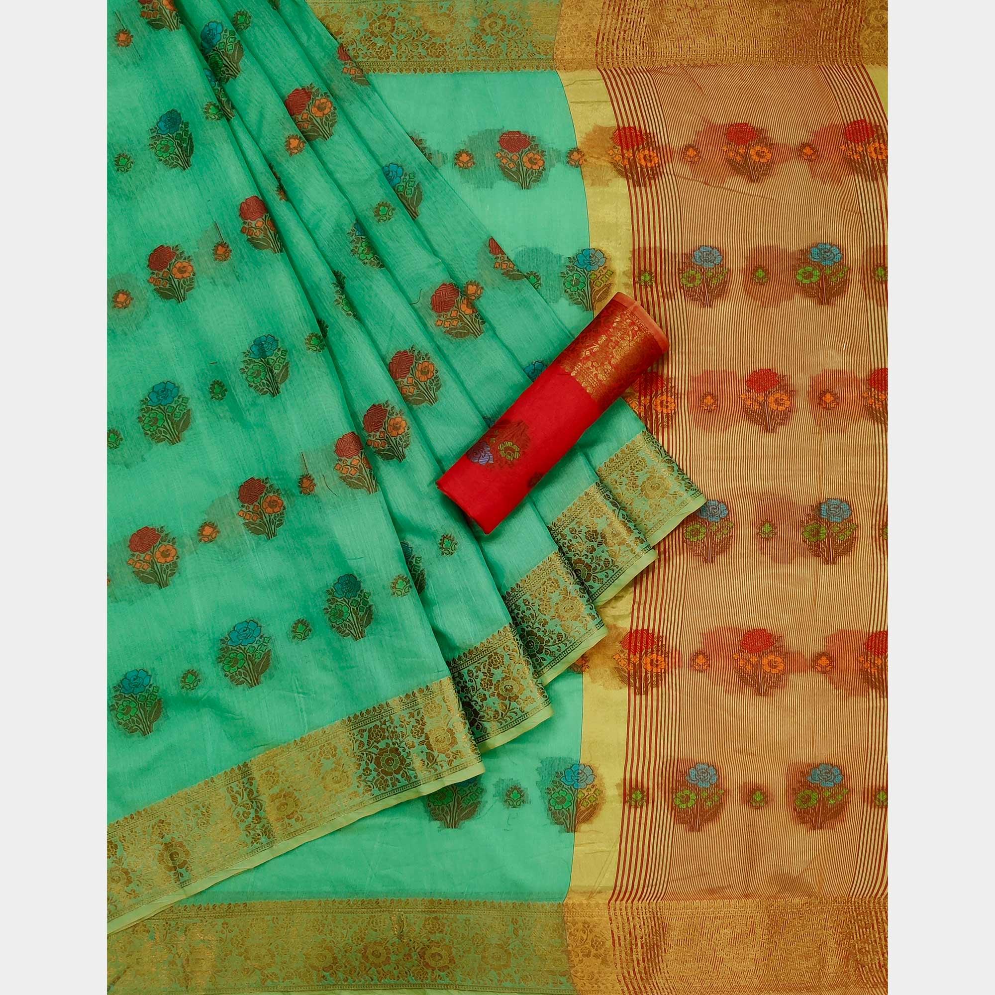 Turquoise Woven Poly Cotton Saree - Peachmode