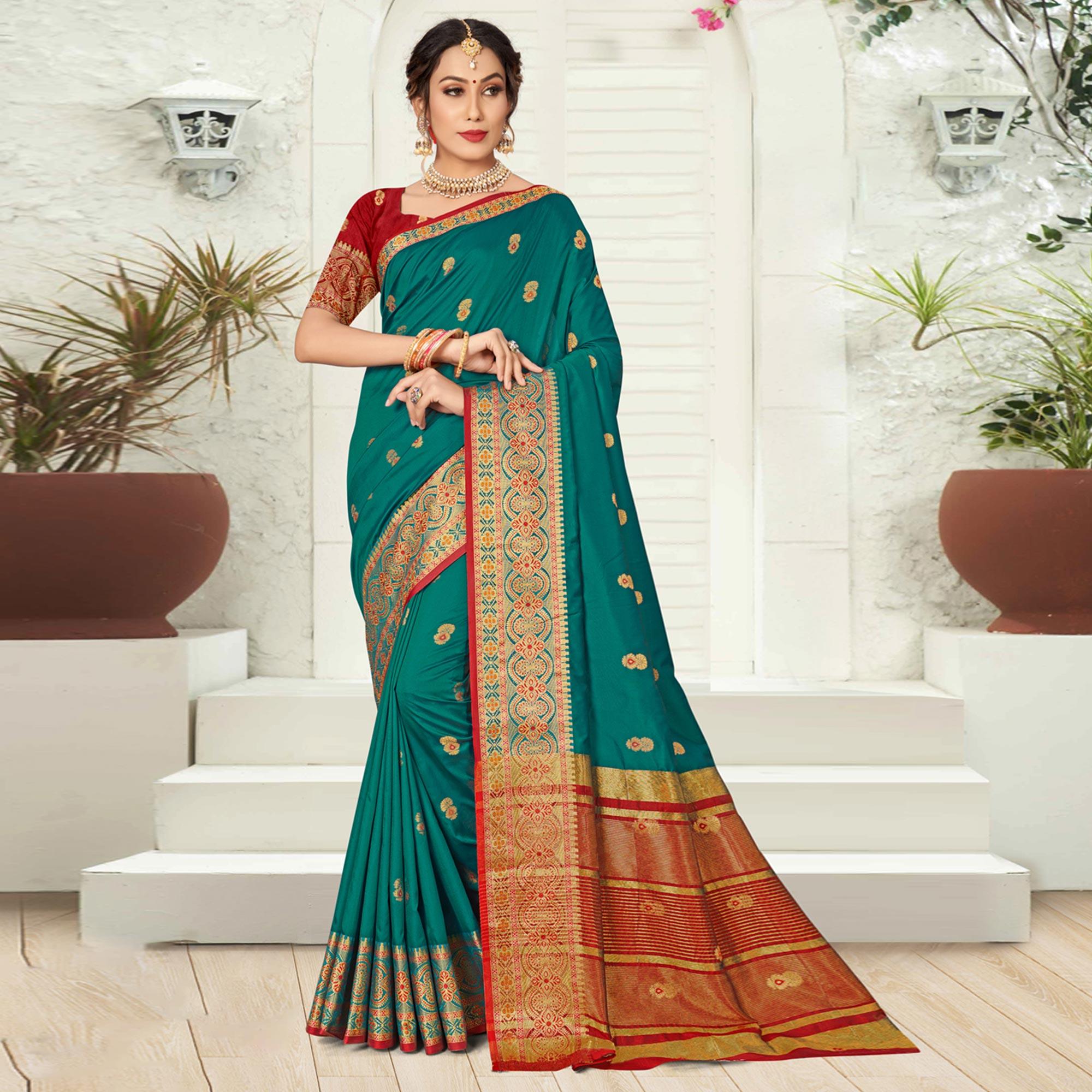 Turquoise Woven Silk Saree - Peachmode