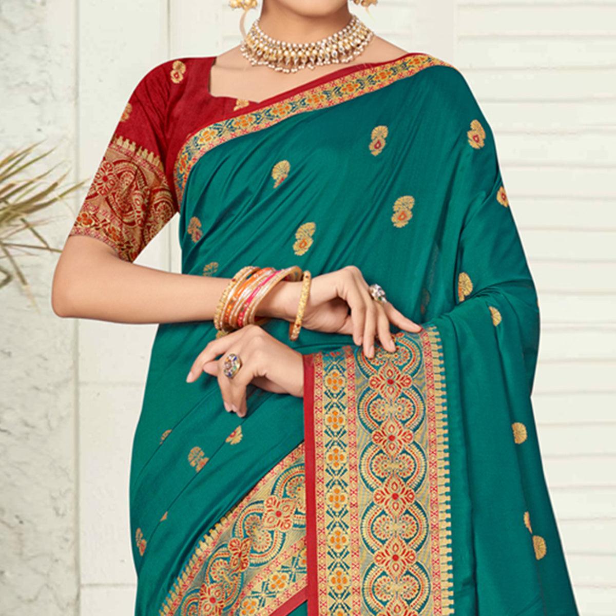 Turquoise Woven Silk Saree - Peachmode