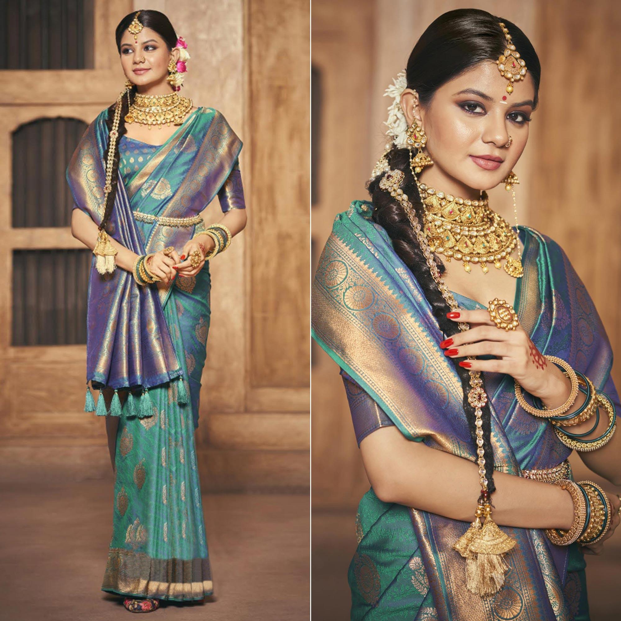 Turquoise Woven Silk Saree With Tassels - Peachmode