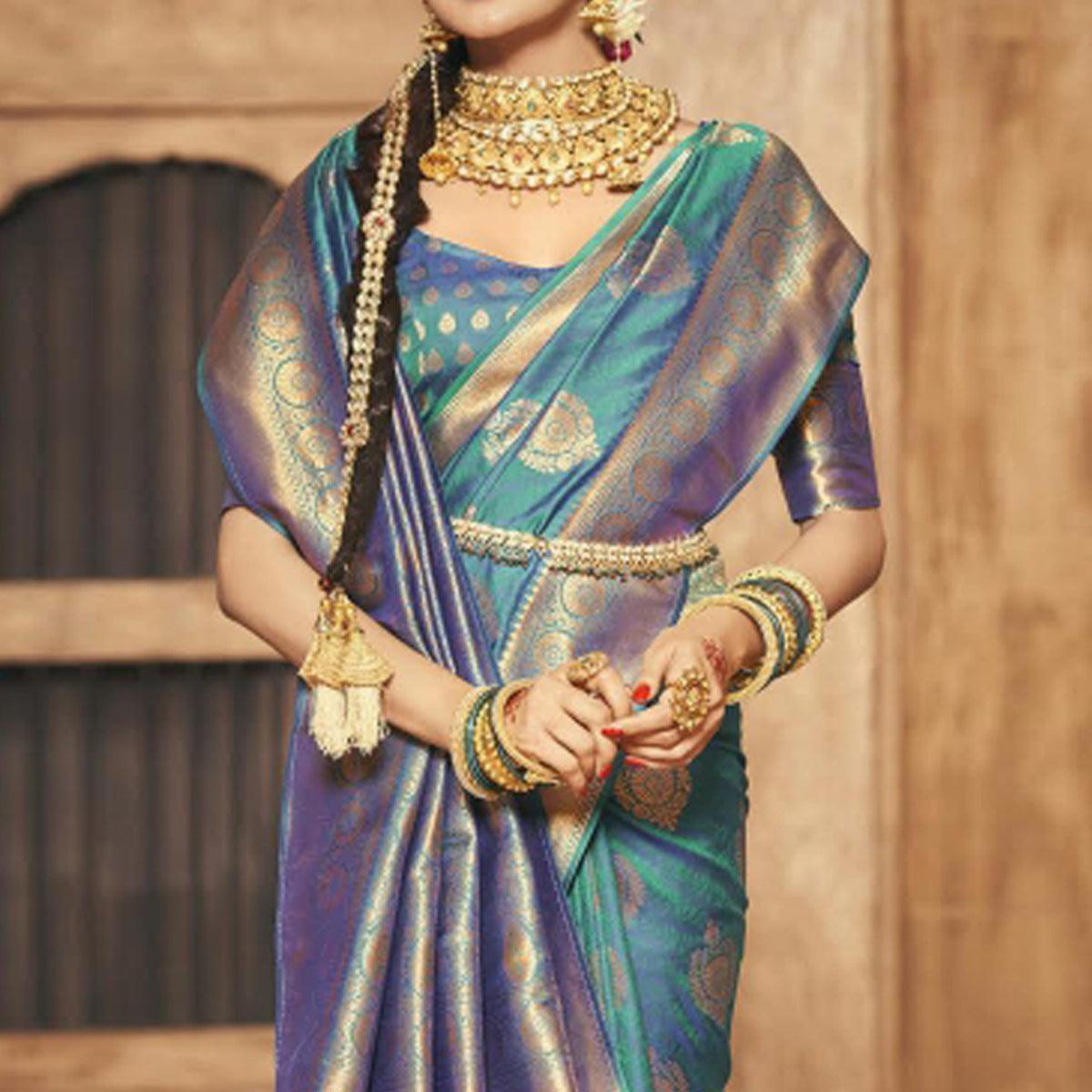 Turquoise Woven Silk Saree With Tassels - Peachmode