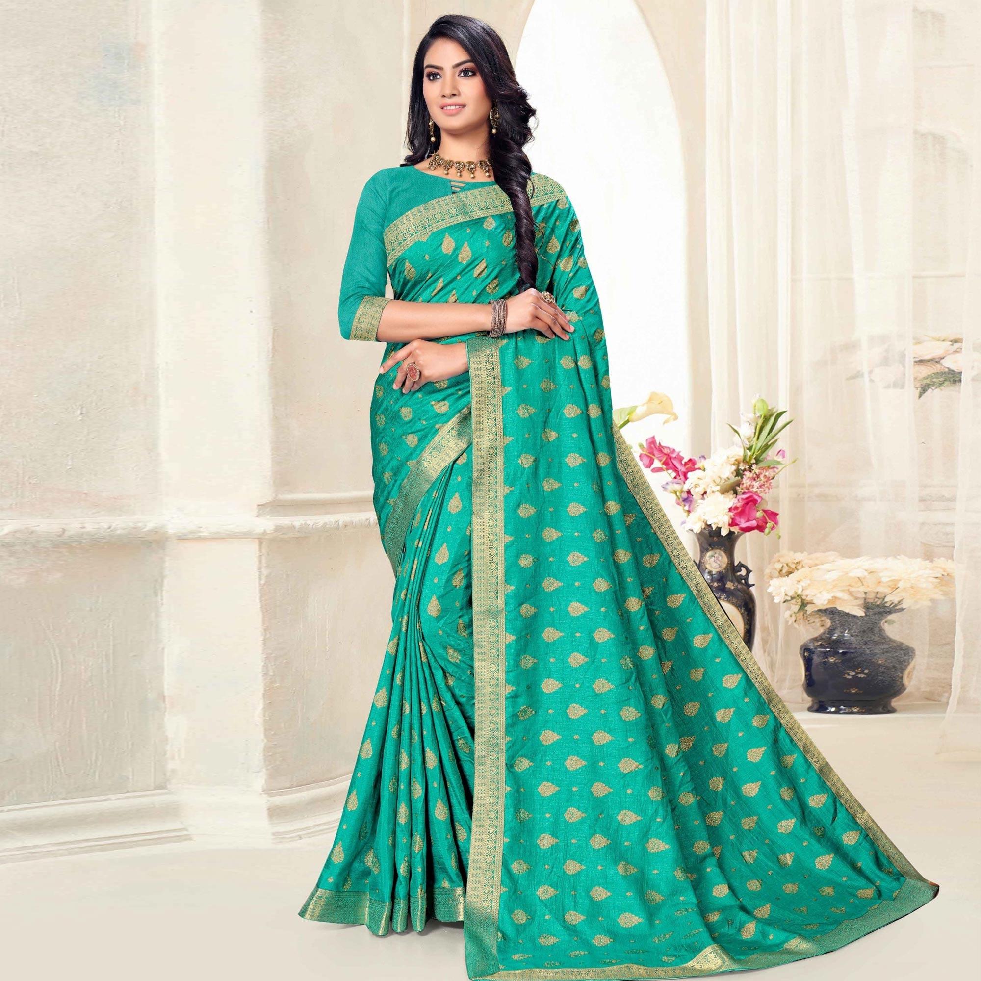 Turquoise Woven Vichitra Silk Saree - Peachmode