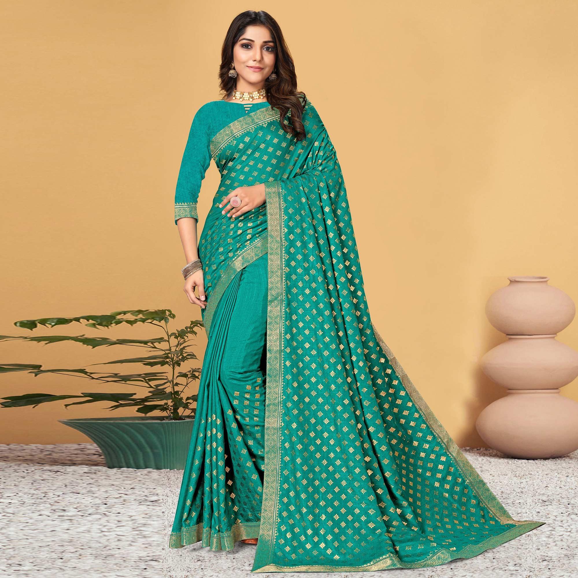 Turquoise Woven Vichitra Silk Saree - Peachmode