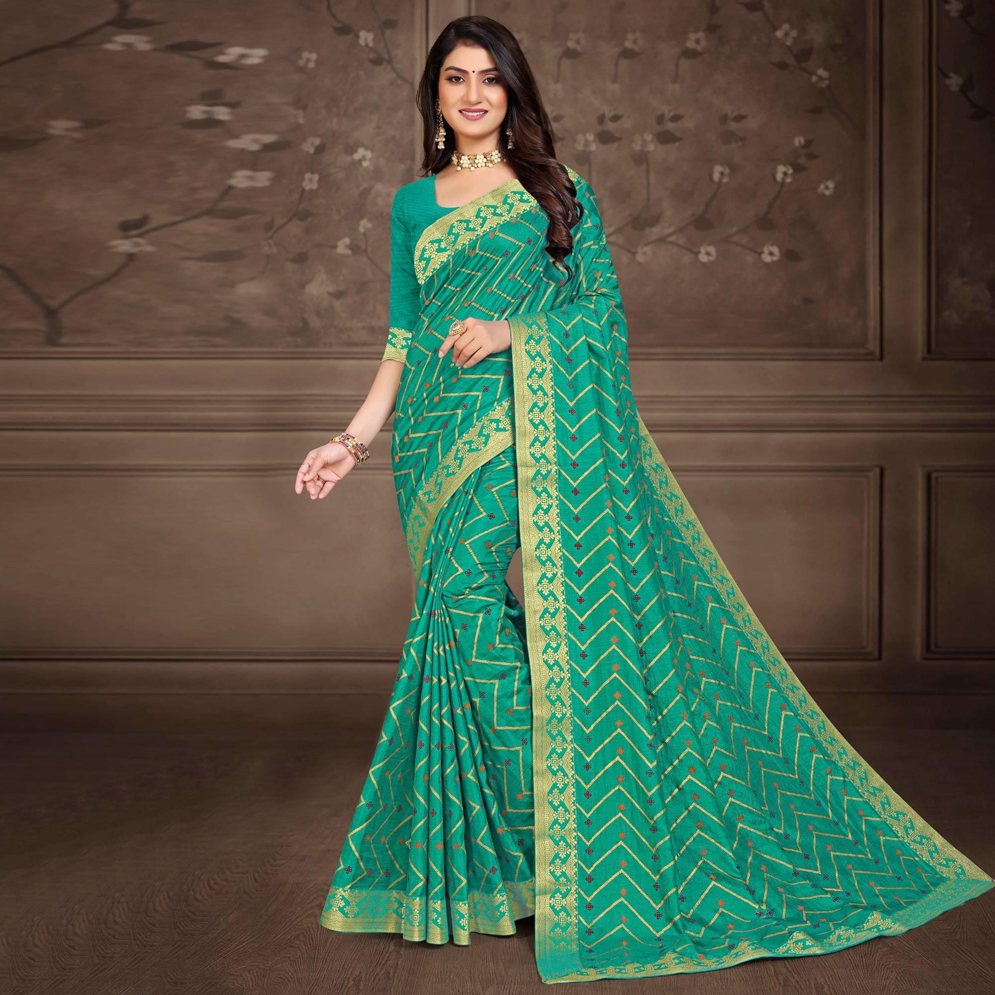 Turquoise Woven Vichitra Silk Saree - Peachmode