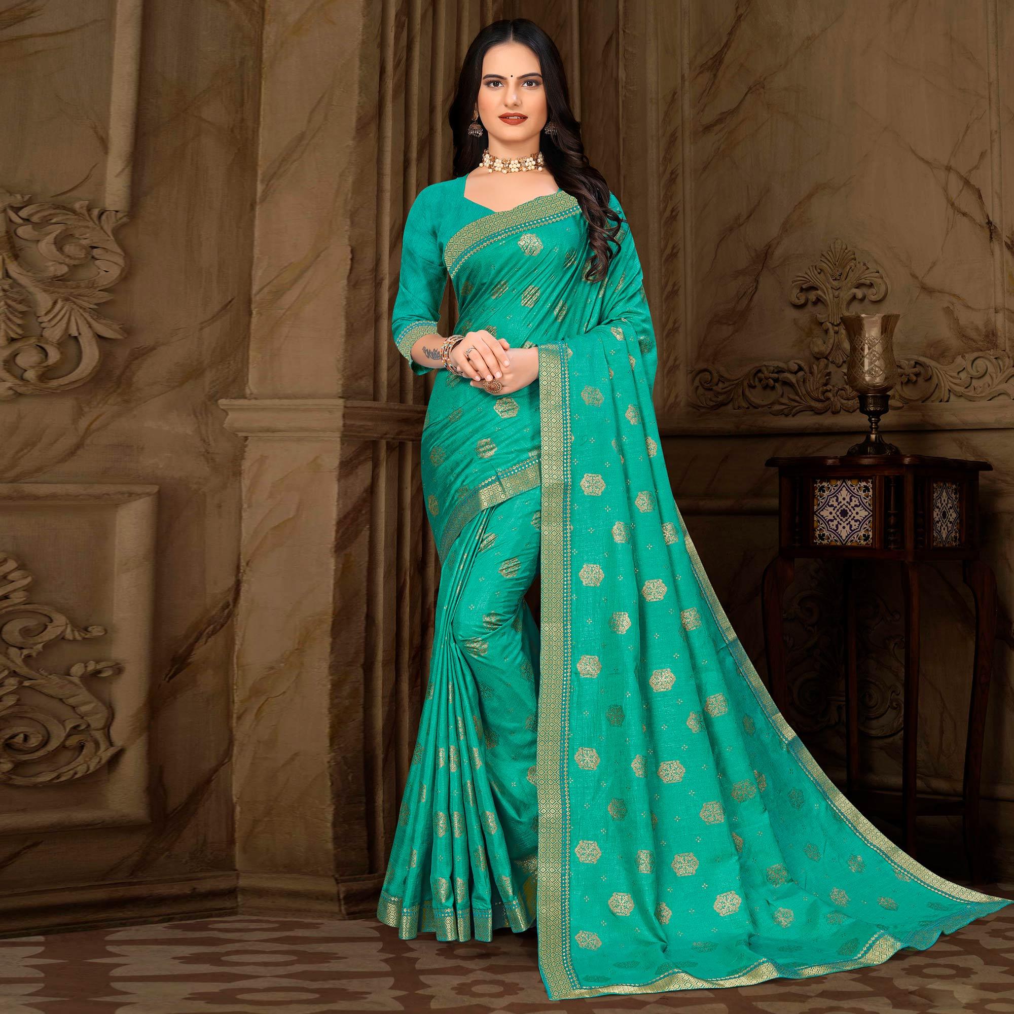 Turquoise Woven Vichitra Silk Saree - Peachmode