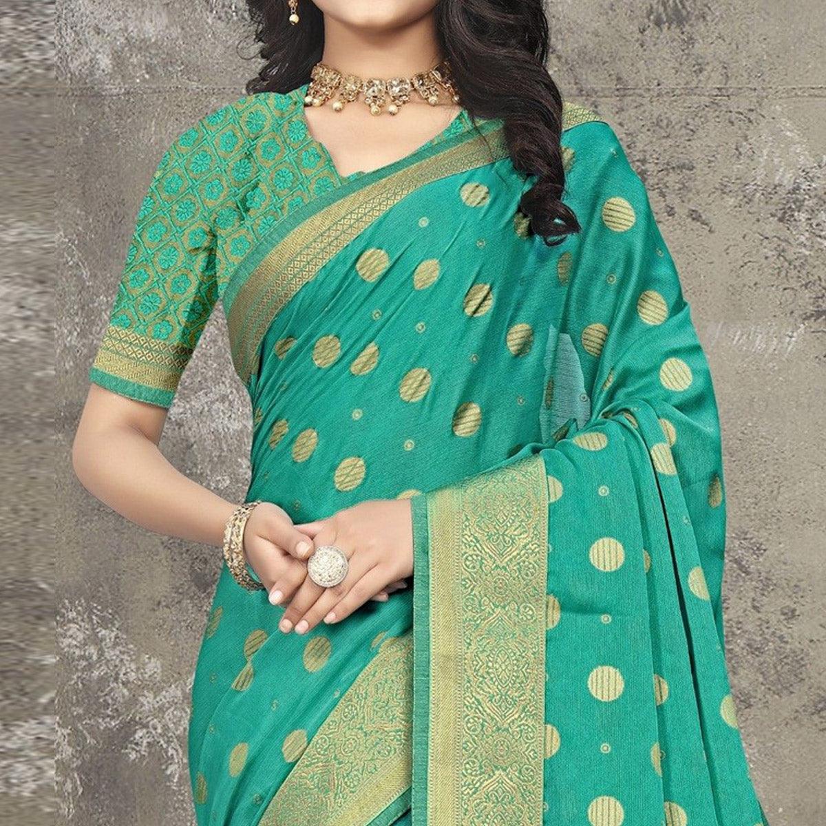 Turquoise Woven Vichitra Silk Saree - Peachmode