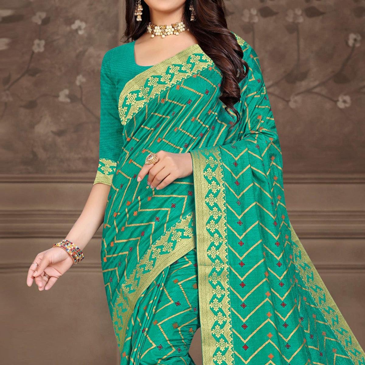 Turquoise Woven Vichitra Silk Saree - Peachmode