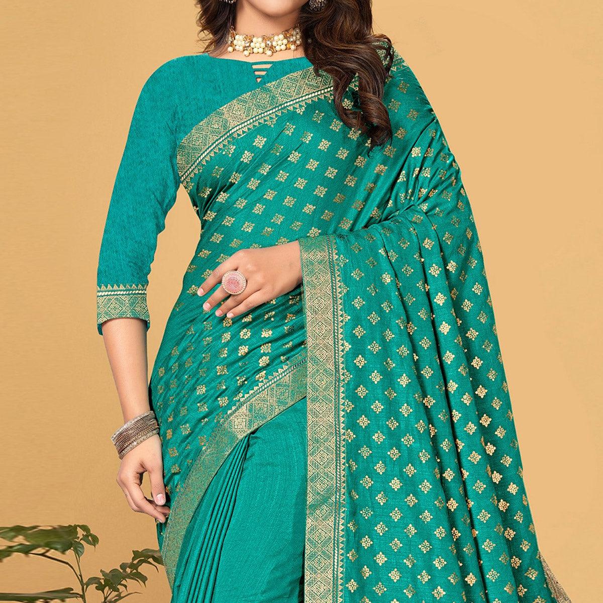 Turquoise Woven Vichitra Silk Saree - Peachmode