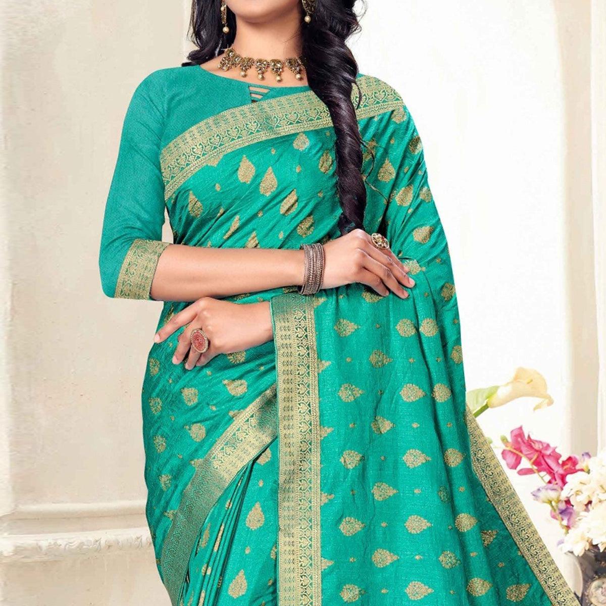 Turquoise Woven Vichitra Silk Saree - Peachmode