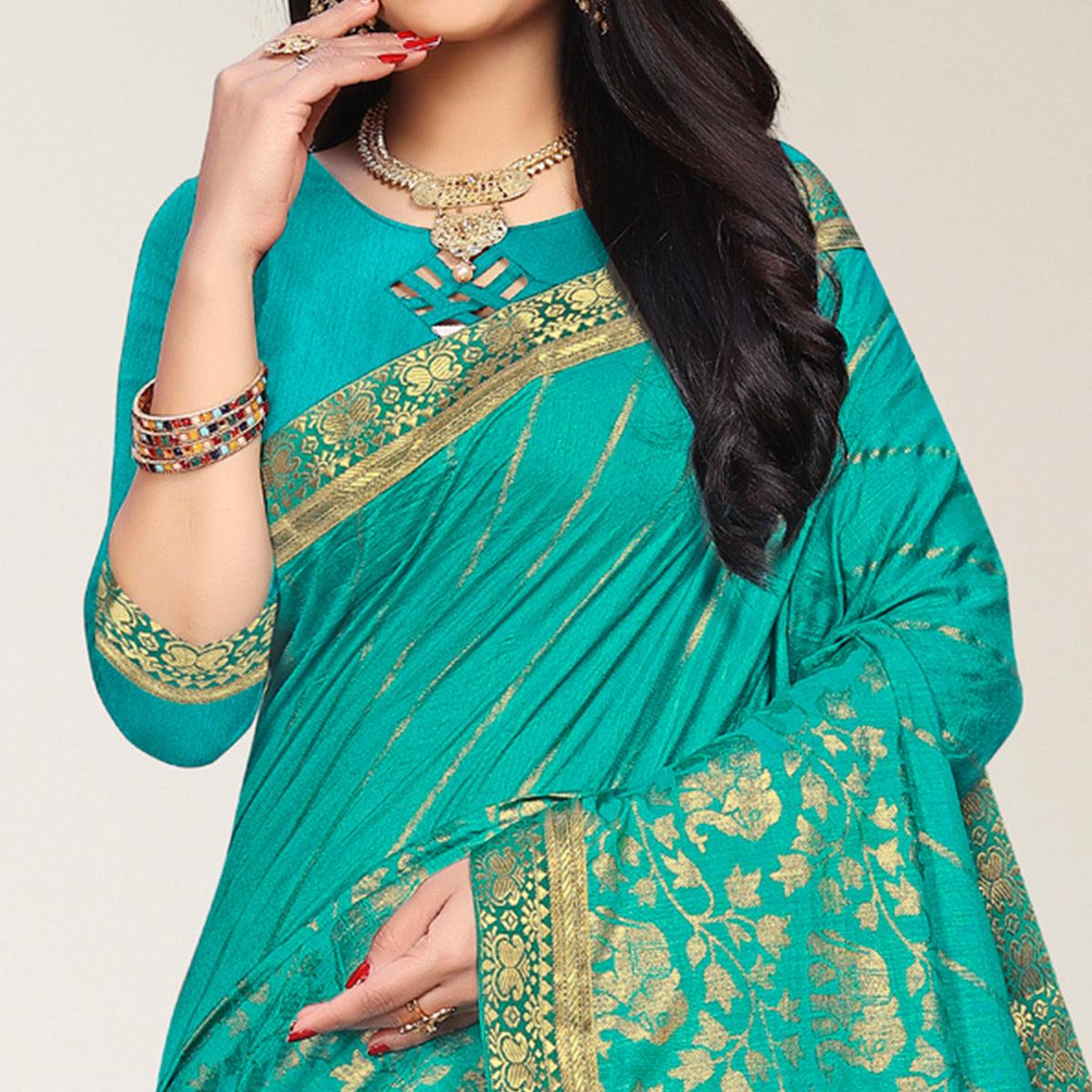 Turquoise Woven Vichitra Silk Saree - Peachmode