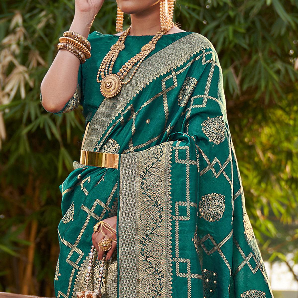 Turquoise Woven With Embellished Art Silk Saree With Tassels - Peachmode