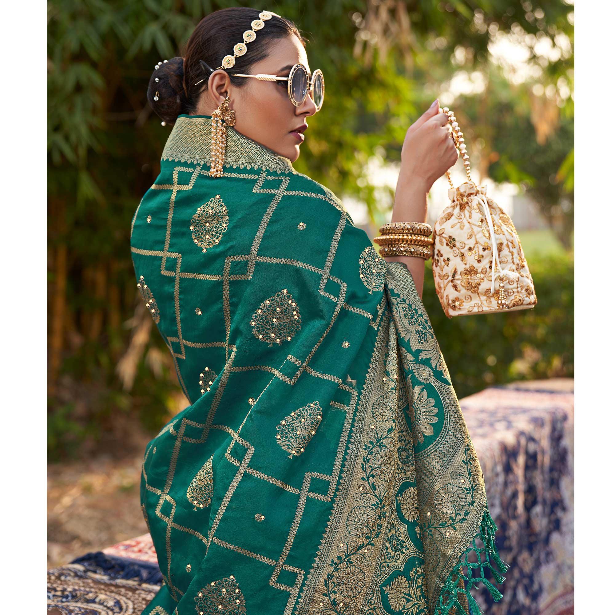 Turquoise Woven With Embellished Art Silk Saree With Tassels - Peachmode